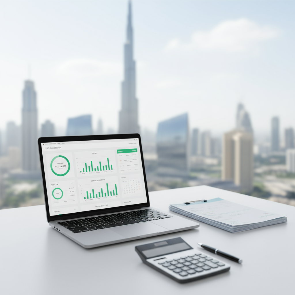 Modern workspace with laptop, calculator and documents with Dubai skyline